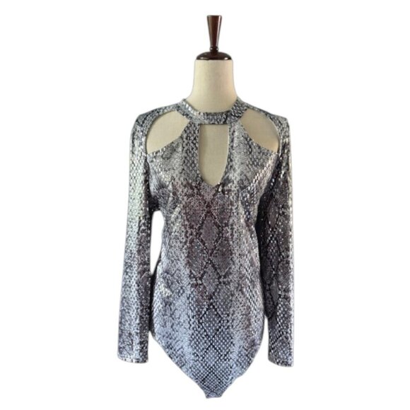 Unbranded Tops - Women's Mock Neck Cut Out Bodysuit Mirrored Embellishment Snake Skin Print SZ 1X